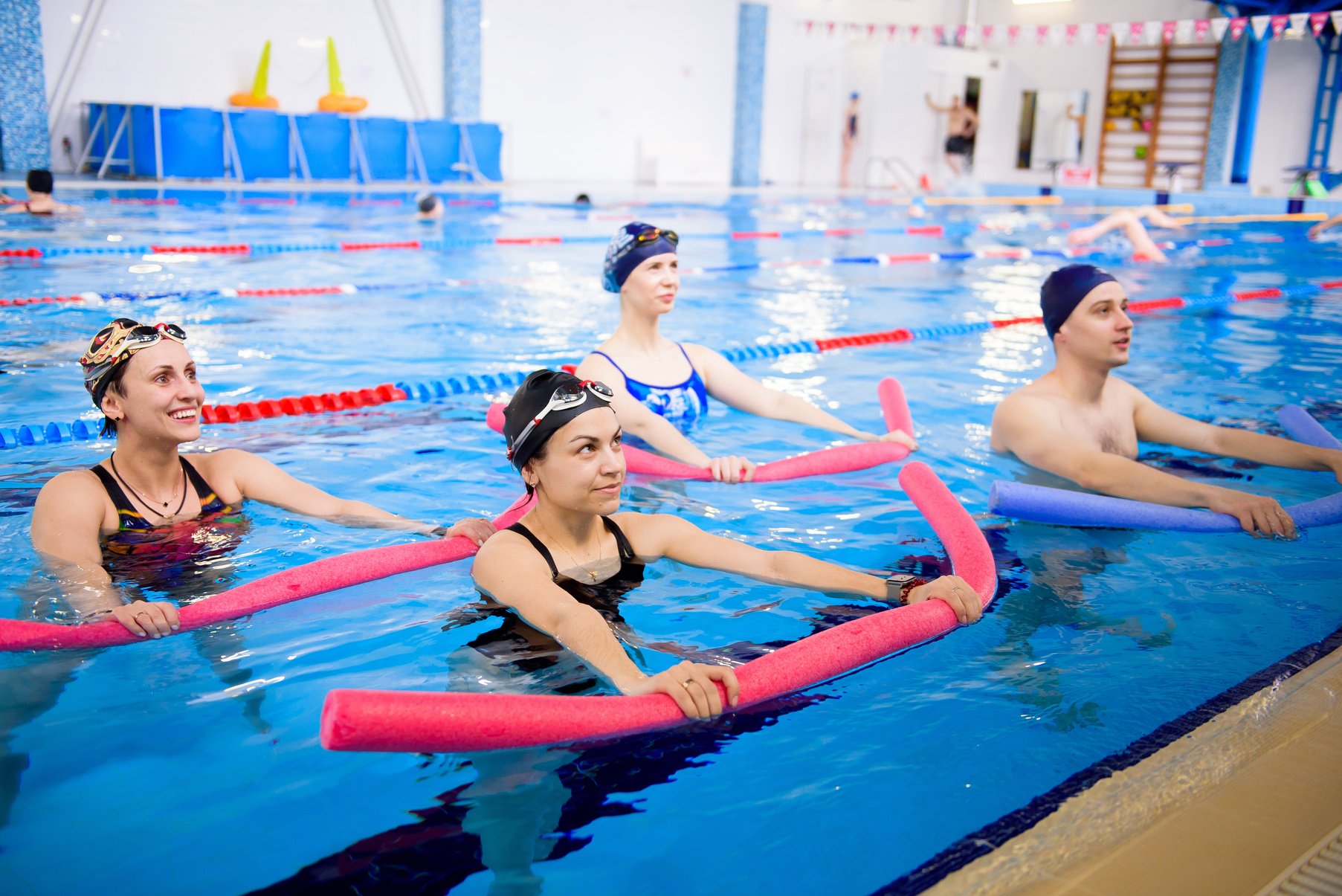 Aqua aerobics training in the water sports center.